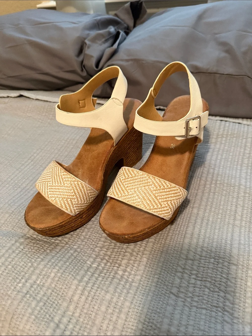 Women’s Cream Wedge Sandals with Textured Front Strap